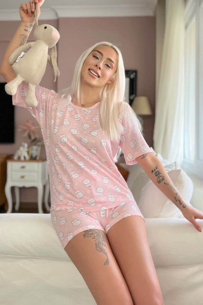 Pembe Kedi Desenli Örme Kısa Kol Şortlu Pijama Takımı - 1