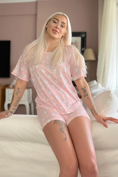 Pembe Kedi Desenli Örme Kısa Kol Şortlu Pijama Takımı - 2