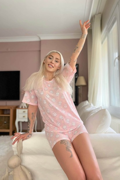 Pembe Kedi Desenli Örme Kısa Kol Şortlu Pijama Takımı - 3