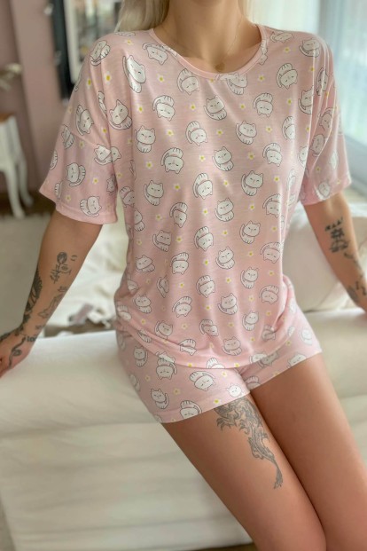 Pembe Kedi Desenli Örme Kısa Kol Şortlu Pijama Takımı - 5