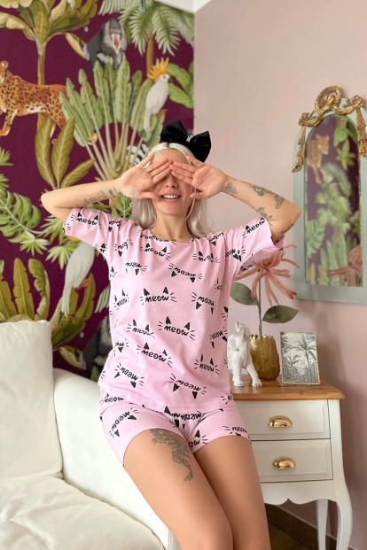 Pembe Kedi Kulağı Baskılı Şortlu Kadın Pijama Takımı - 3