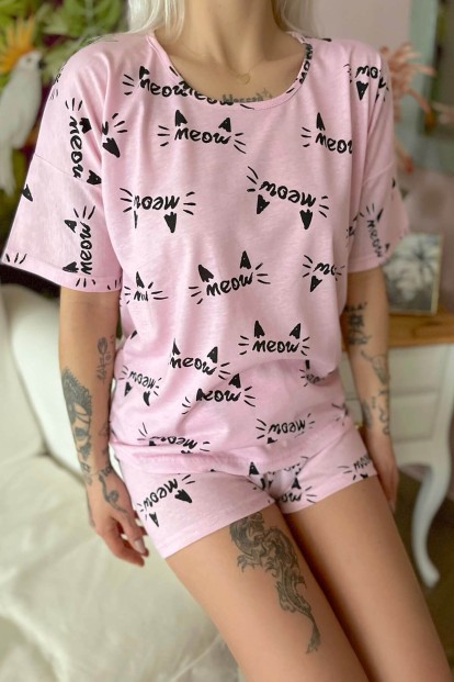 Pembe Kedi Kulağı Baskılı Şortlu Kadın Pijama Takımı - 5