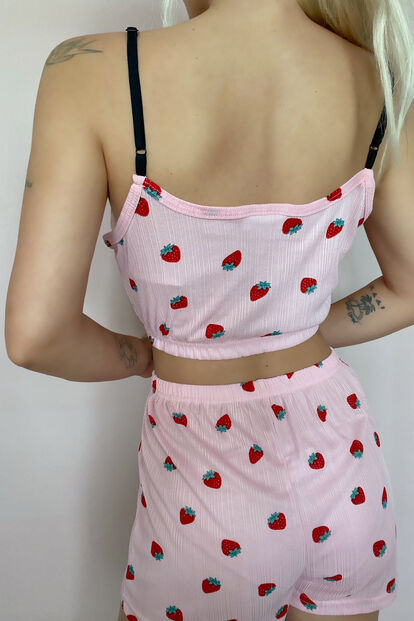 Pembe - Kırmızı Şortlu Bustiyer Pijama Takım - 4