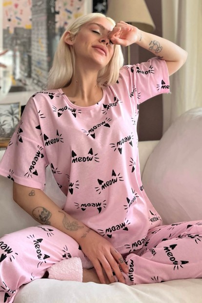 Pembe Kotele Baskılı Kısa Kollu Kadın Pijama Takımı - 1