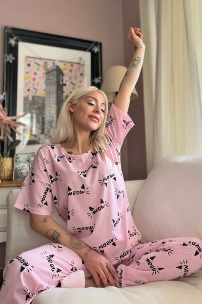 Pembe Kotele Baskılı Kısa Kollu Kadın Pijama Takımı - 2