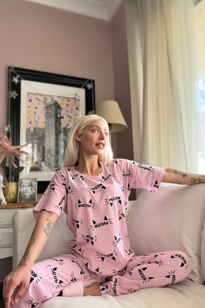 Pembe Kotele Baskılı Kısa Kollu Kadın Pijama Takımı - 3
