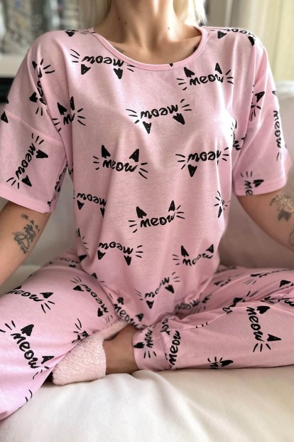 Pembe Kotele Baskılı Kısa Kollu Kadın Pijama Takımı - 4