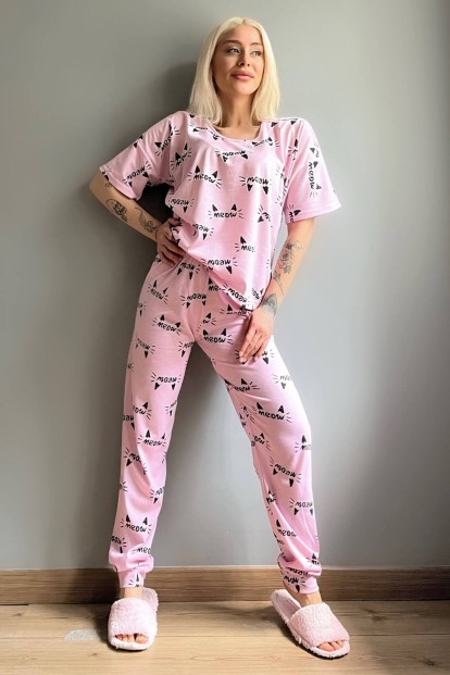 Pembe Kotele Baskılı Kısa Kollu Kadın Pijama Takımı - 5