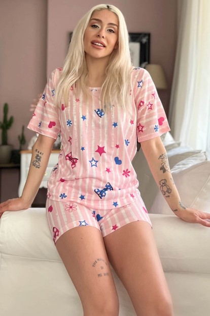Pembe Kurdele Baskılı Şortlu Kadın Pijama Takımı - 1