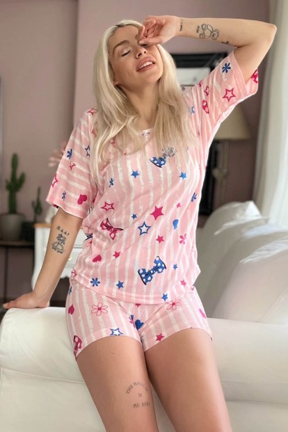 Pembe Kurdele Baskılı Şortlu Kadın Pijama Takımı - 2
