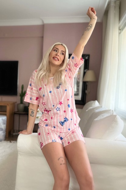 Pembe Kurdele Baskılı Şortlu Kadın Pijama Takımı - 3