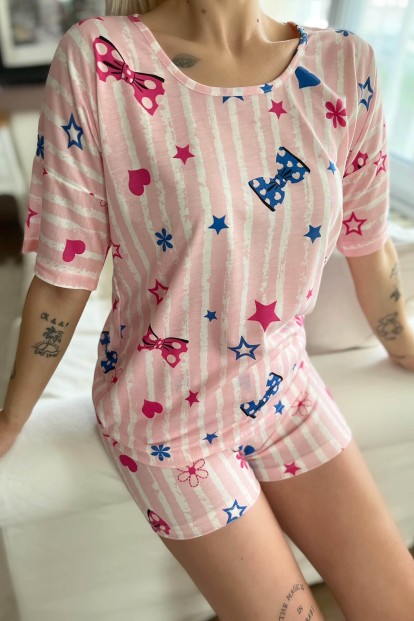 Pembe Kurdele Baskılı Şortlu Kadın Pijama Takımı - 4