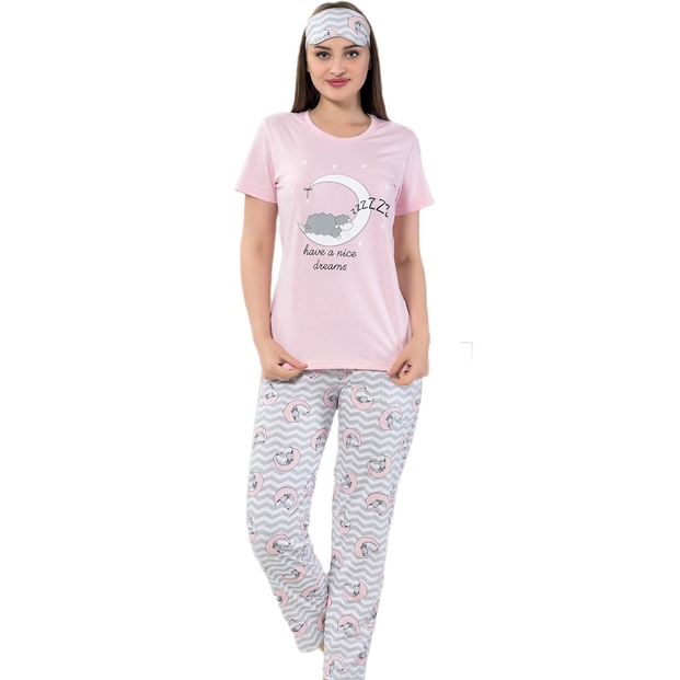 Pembe Kuzu Ay Desenli Kısa Kollu Pijama Kadın Takımı - 1