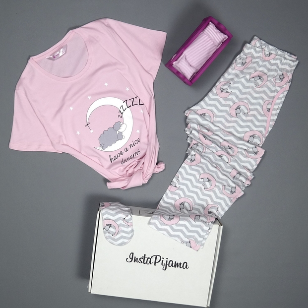 Pembe Kuzu Ay Desenli Kısa Kollu Pijama Kadın Takımı - 2