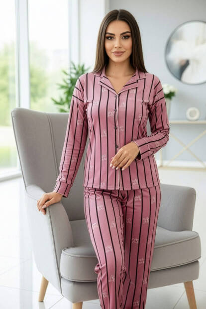 Pembe Lineo Desenli Exclusive Önden Düğmeli Kadife Kadın Pijama Takımı - 6