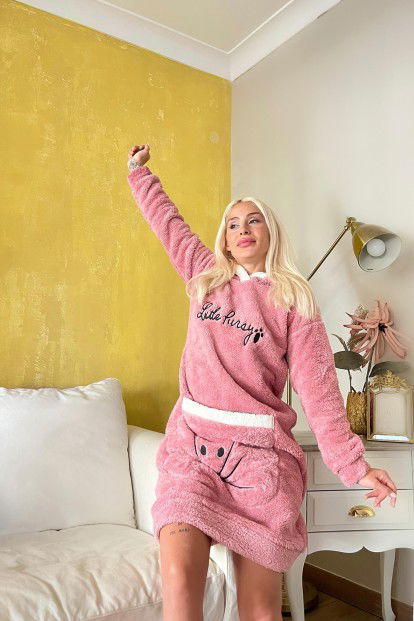 Pembe Little Desenli Kapşonlu Tam Peluş Tunik Panço Pijama - 3