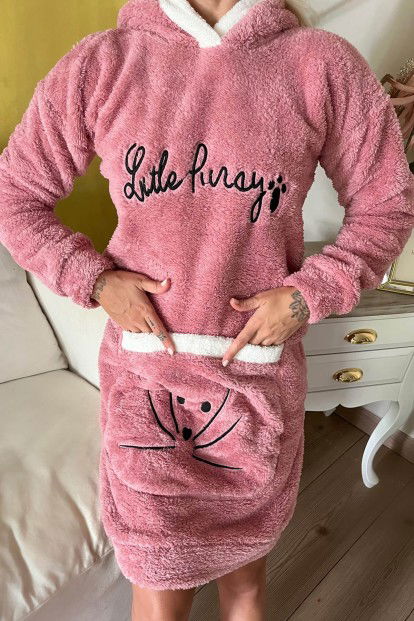Pembe Little Desenli Kapşonlu Tam Peluş Tunik Panço Pijama - 4