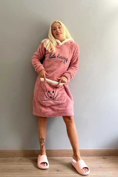 Pembe Little Desenli Kapşonlu Tam Peluş Tunik Panço Pijama - 5