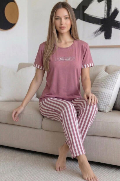 Pembe London Desenli Bambu Kısa Kol Kadın Pijama Takımı - 4