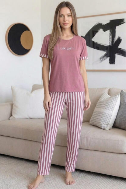 Pembe London Desenli Bambu Kısa Kol Kadın Pijama Takımı - 6