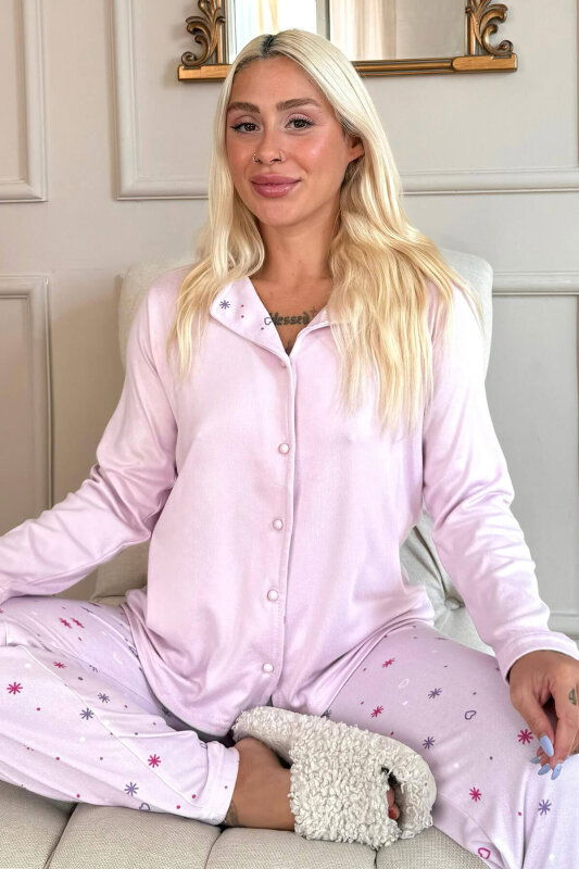 Pembe Lot Desenli Termal Önden Düğmeli Kadın Pijama Takımı - Pijamaevi