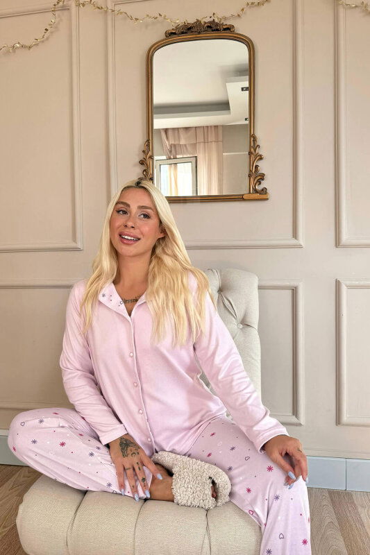 Pembe Lot Desenli Termal Önden Düğmeli Kadın Pijama Takımı - Pijamaevi (1)