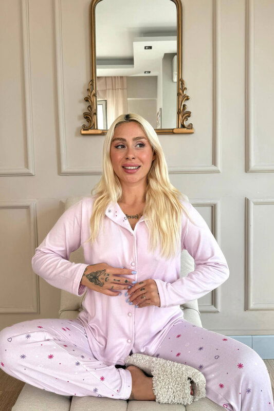 Pembe Lot Desenli Termal Önden Düğmeli Kadın Pijama Takımı - Pijamaevi (2)