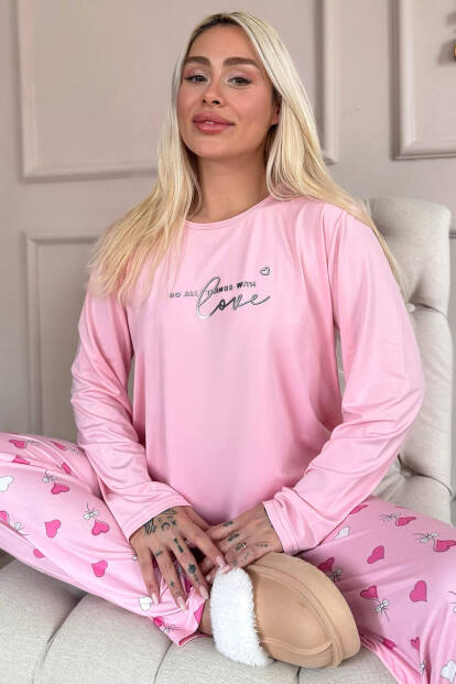 Pembe Love Desenli Bambu Uzun Kol Kadın Pijama Takımı 