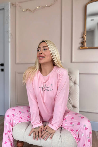 Pembe Love Desenli Bambu Uzun Kol Kadın Pijama Takımı - 2