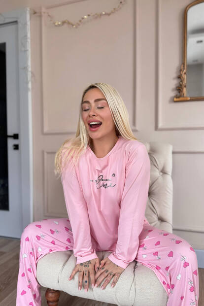 Pembe Love Desenli Bambu Uzun Kol Kadın Pijama Takımı - 3