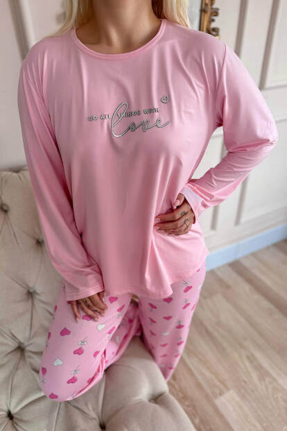 Pembe Love Desenli Bambu Uzun Kol Kadın Pijama Takımı - 4