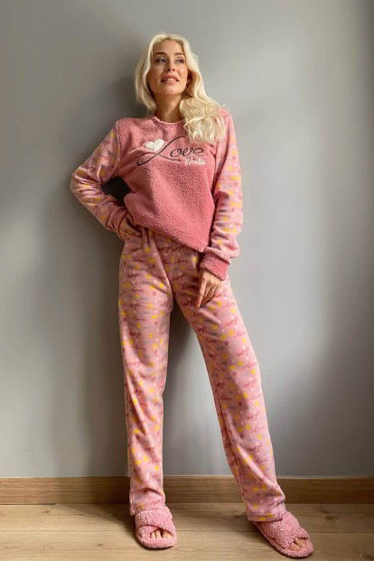 Pembe Love Winter Desenli Kadın Peluş Pijama Takımı - 5