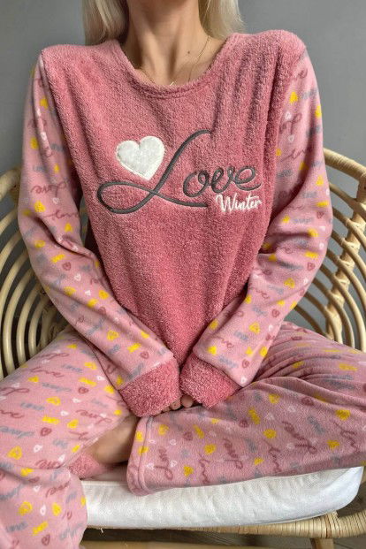 Pembe Love Winter Desenli Kadın Peluş Pijama Takımı - 6
