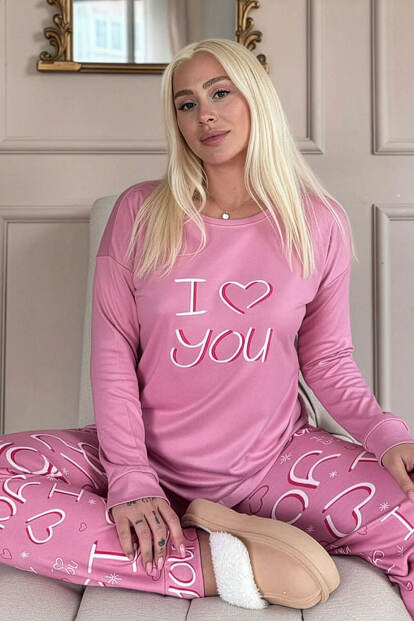 Pembe Love You Desenli Termal Kadın Pijama Takımı 