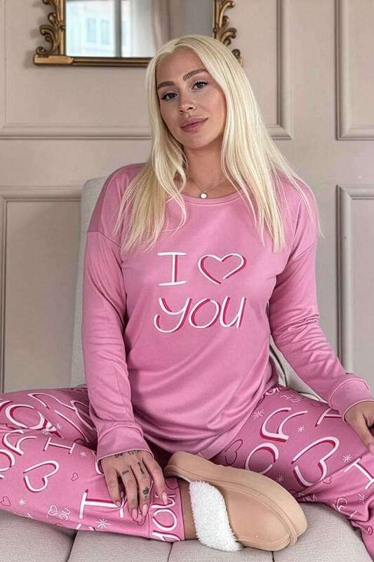 Pembe Love You Desenli Termal Kadın Pijama Takımı - Pijamaevi