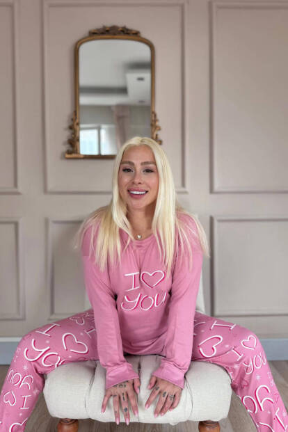 Pembe Love You Desenli Termal Kadın Pijama Takımı - 2