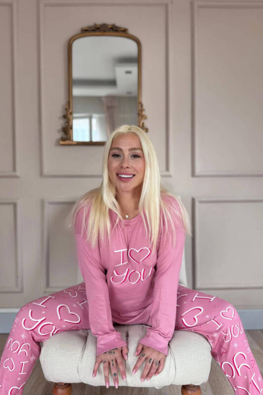 Pembe Love You Desenli Termal Kadın Pijama Takımı - Pijamaevi (1)