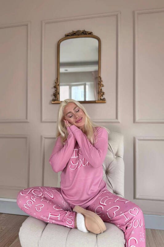 Pembe Love You Desenli Termal Kadın Pijama Takımı - Pijamaevi (2)