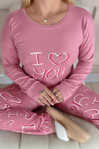 Pembe Love You Desenli Termal Kadın Pijama Takımı - 4
