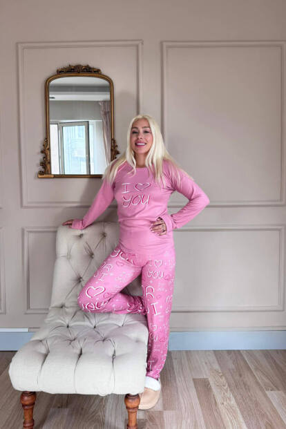 Pembe Love You Desenli Termal Kadın Pijama Takımı - 5
