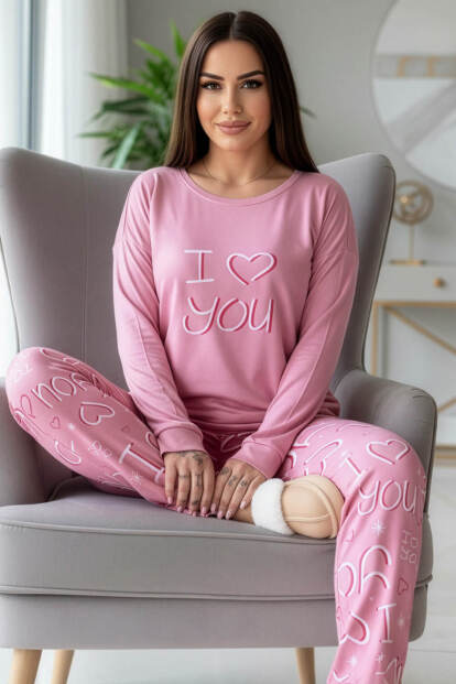 Pembe Love You Desenli Termal Kadın Pijama Takımı 
