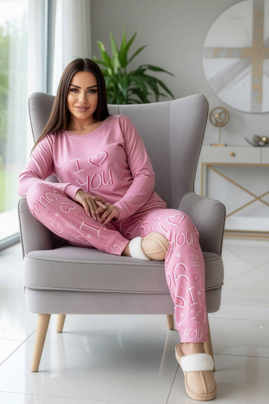 Pembe Love You Desenli Termal Kadın Pijama Takımı - Pijamaevi (1)