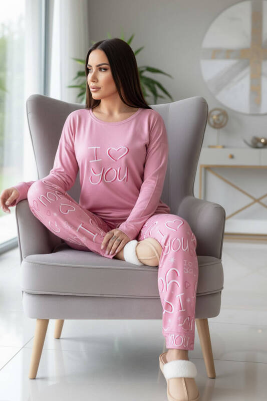 Pembe Love You Desenli Termal Kadın Pijama Takımı - Pijamaevi (2)