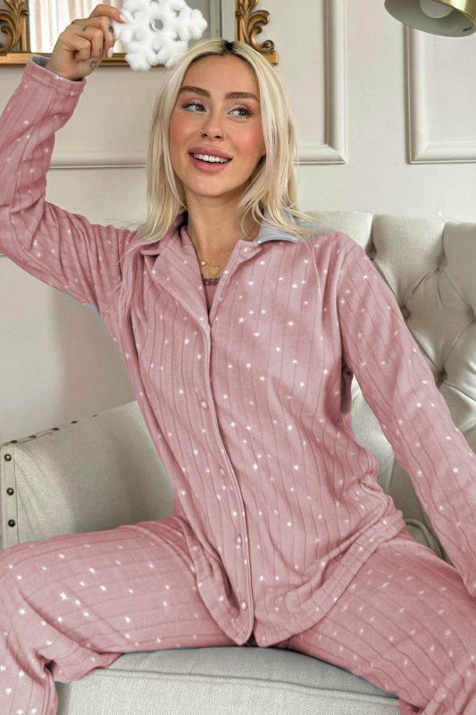 Pembe Lune Desenli Önden Düğmeli Peluş Polar Pijama Takımı - Pijamaevi