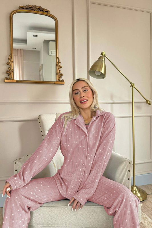 Pembe Lune Desenli Önden Düğmeli Peluş Polar Pijama Takımı - Pijamaevi (2)