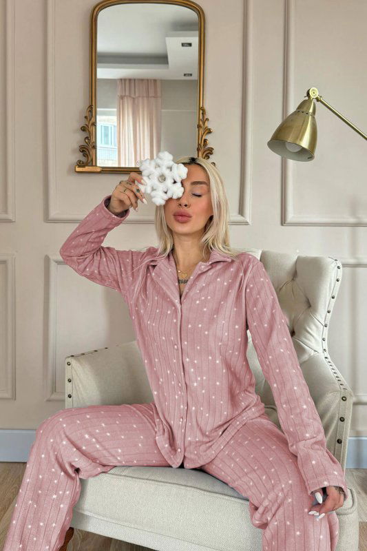 Pembe Lune Desenli Önden Düğmeli Peluş Polar Pijama Takımı - Pijamaevi (3)