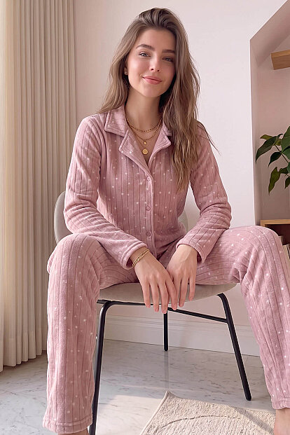Pembe Lune Desenli Önden Düğmeli Peluş Polar Pijama Takımı - 3