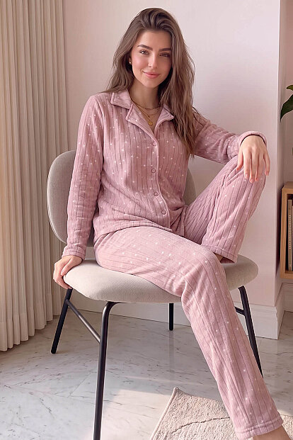 Pembe Lune Desenli Önden Düğmeli Peluş Polar Pijama Takımı - 4