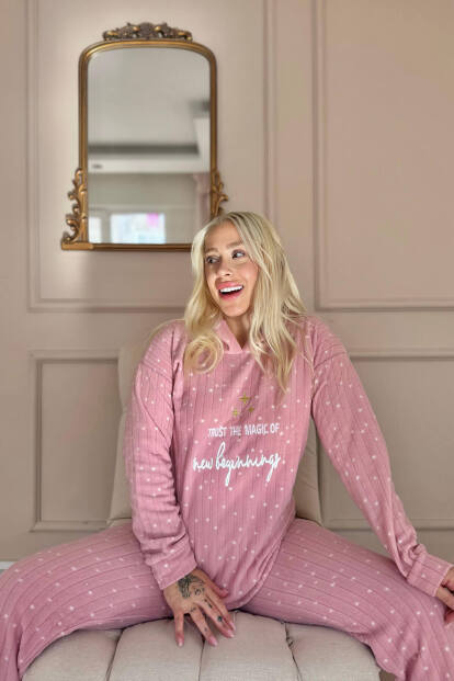 Pembe Magic Desenli Kapşonlu Peluş Polar Pijama Takımı - 4