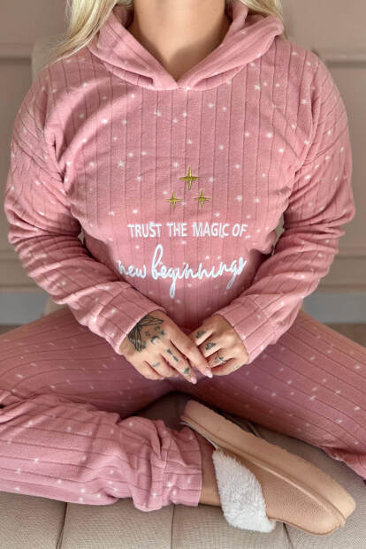 Pembe Magic Desenli Kapşonlu Peluş Polar Pijama Takımı - 5
